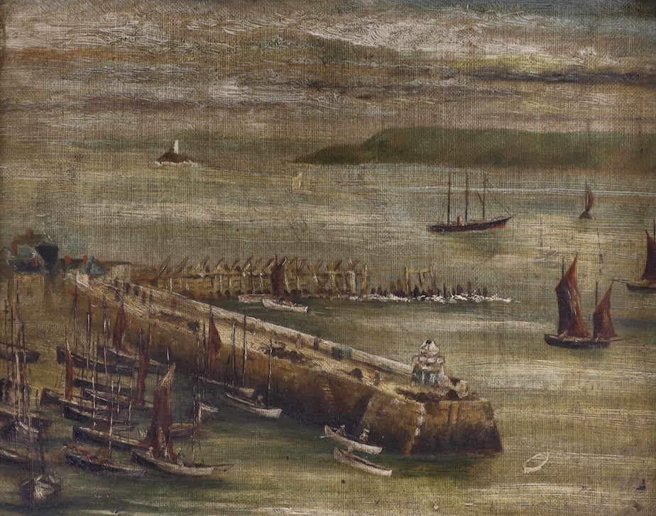 English School c.1900, oil on canvas, Fishing boats and other vessels beside a harbour wall, 19 x 24cm